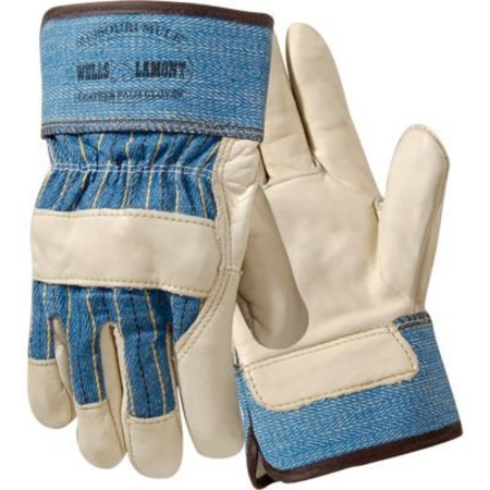 WELLS LAMONT INDUSTRIAL Grain Cowhide Leather-Palm Glove W/ Safety Cuff, Wing Thumb, L, 12PK Y2008L